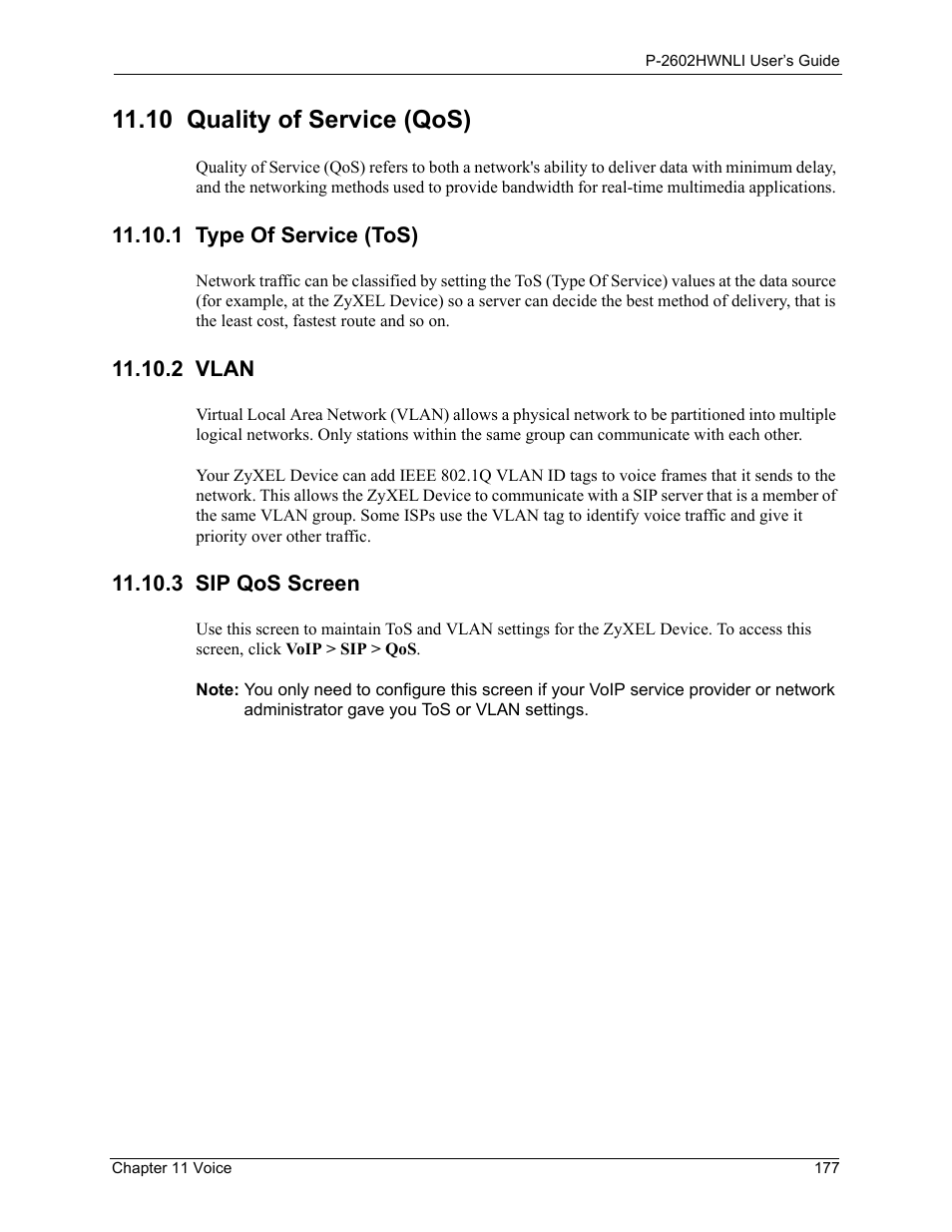1 type of service (tos), 2 vlan, 10 quality of service (qos) | ZyXEL Communications 802.11g Wireless ADSL2+ 4-port VoIP IAD P-2602HWNLI User Manual | Page 177 / 442