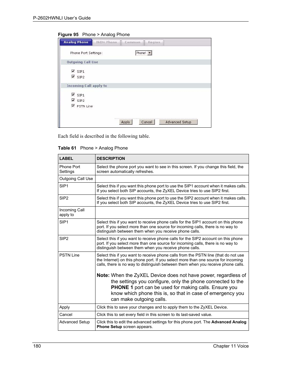 Figure 95 phone > analog phone, Table 61 phone > analog phone | ZyXEL Communications 802.11g Wireless ADSL2+ 4-port VoIP IAD P-2602HWNLI User Manual | Page 180 / 442