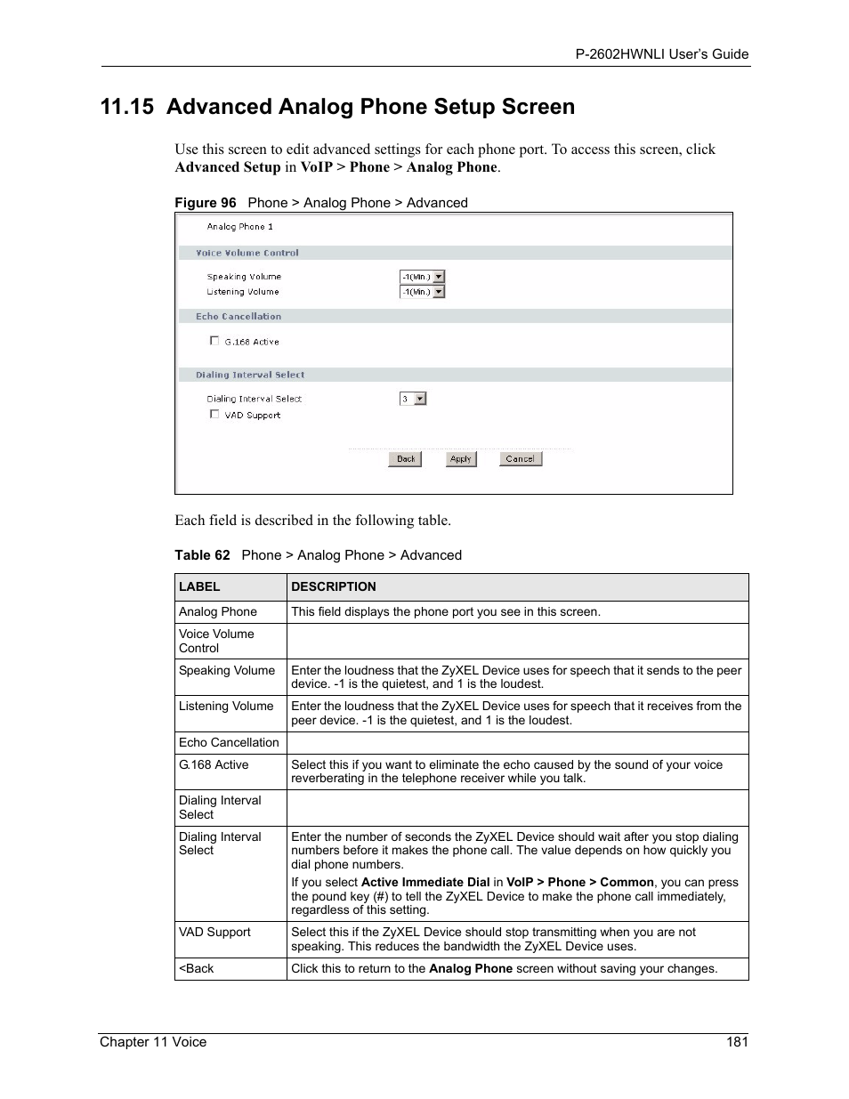 15 advanced analog phone setup screen, Figure 96 phone > analog phone > advanced, Table 62 phone > analog phone > advanced | ZyXEL Communications 802.11g Wireless ADSL2+ 4-port VoIP IAD P-2602HWNLI User Manual | Page 181 / 442