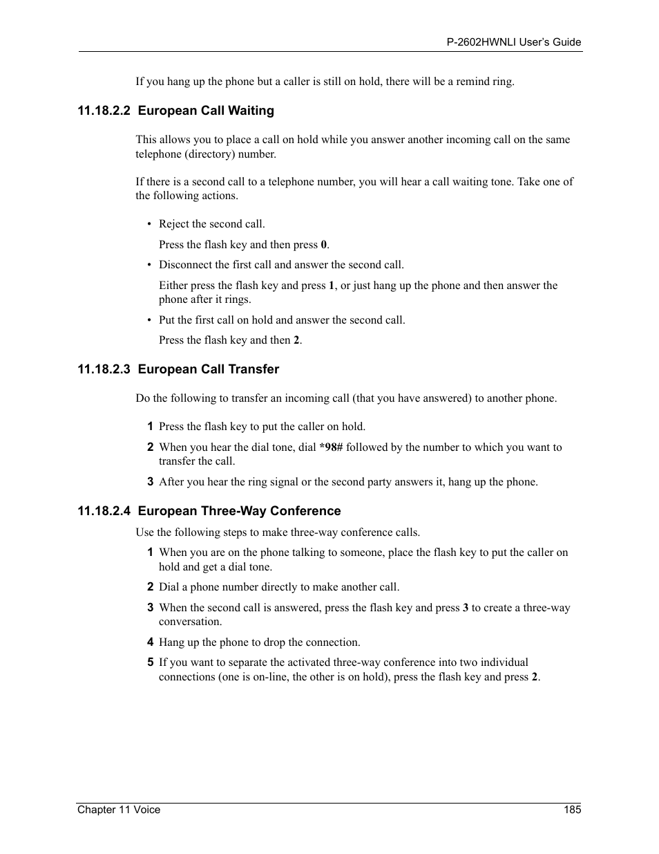 2 european call waiting, 3 european call transfer, 4 european three-way conference | ZyXEL Communications 802.11g Wireless ADSL2+ 4-port VoIP IAD P-2602HWNLI User Manual | Page 185 / 442