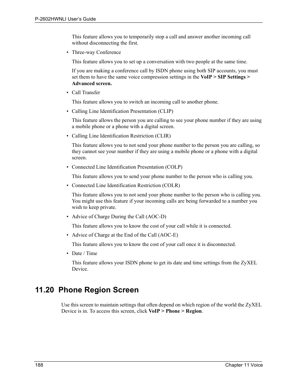 20 phone region screen | ZyXEL Communications 802.11g Wireless ADSL2+ 4-port VoIP IAD P-2602HWNLI User Manual | Page 188 / 442
