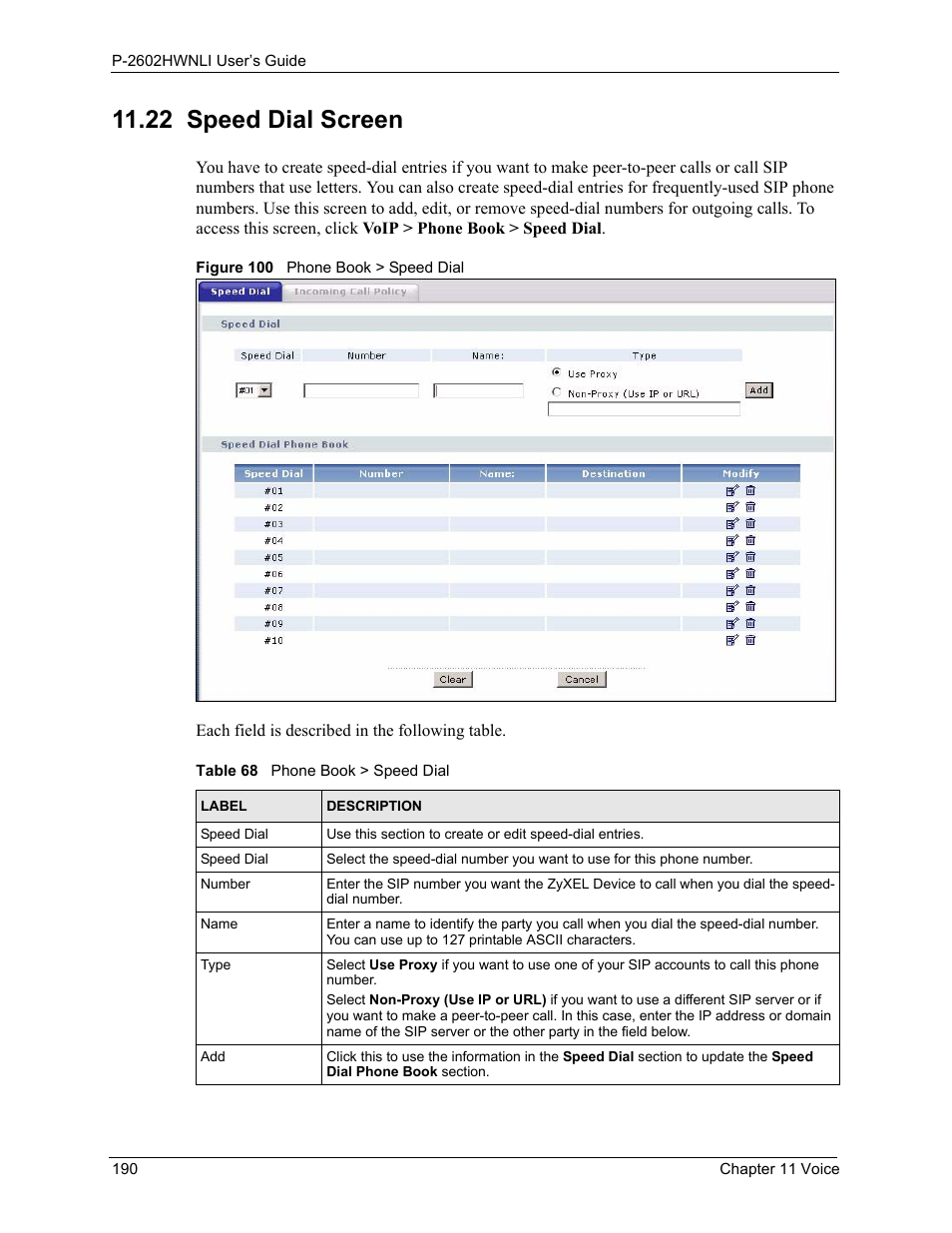 22 speed dial screen, Figure 100 phone book > speed dial, Table 68 phone book > speed dial | ZyXEL Communications 802.11g Wireless ADSL2+ 4-port VoIP IAD P-2602HWNLI User Manual | Page 190 / 442