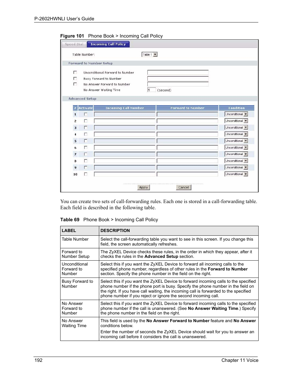 Figure 101 phone book > incoming call policy, Table 69 phone book > incoming call policy | ZyXEL Communications 802.11g Wireless ADSL2+ 4-port VoIP IAD P-2602HWNLI User Manual | Page 192 / 442
