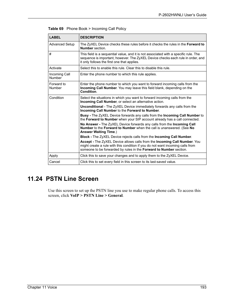 24 pstn line screen | ZyXEL Communications 802.11g Wireless ADSL2+ 4-port VoIP IAD P-2602HWNLI User Manual | Page 193 / 442