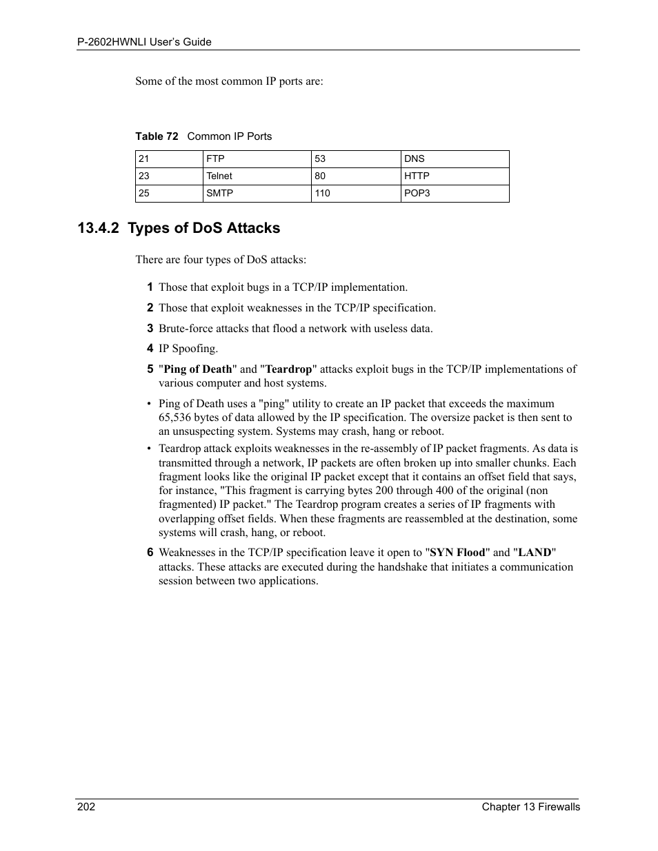 2 types of dos attacks, Table 72 common ip ports | ZyXEL Communications 802.11g Wireless ADSL2+ 4-port VoIP IAD P-2602HWNLI User Manual | Page 202 / 442