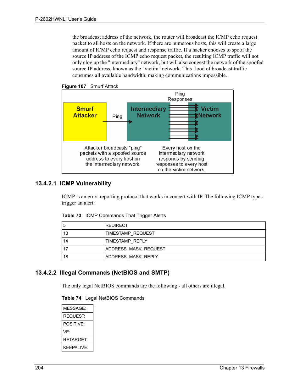 1 icmp vulnerability, 2 illegal commands (netbios and smtp), Figure 107 smurf attack | ZyXEL Communications 802.11g Wireless ADSL2+ 4-port VoIP IAD P-2602HWNLI User Manual | Page 204 / 442