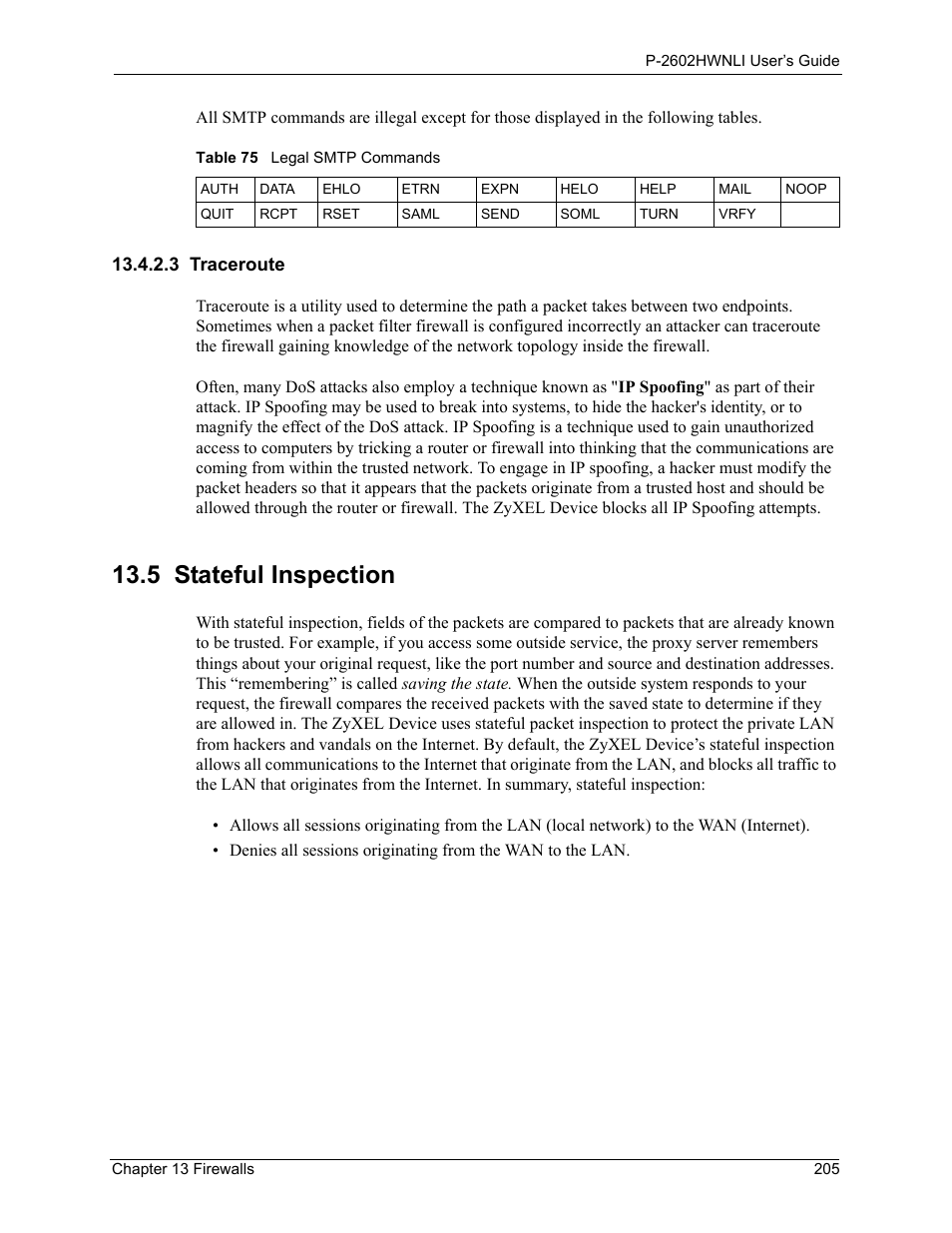 3 traceroute, 5 stateful inspection, Table 75 legal smtp commands | ZyXEL Communications 802.11g Wireless ADSL2+ 4-port VoIP IAD P-2602HWNLI User Manual | Page 205 / 442
