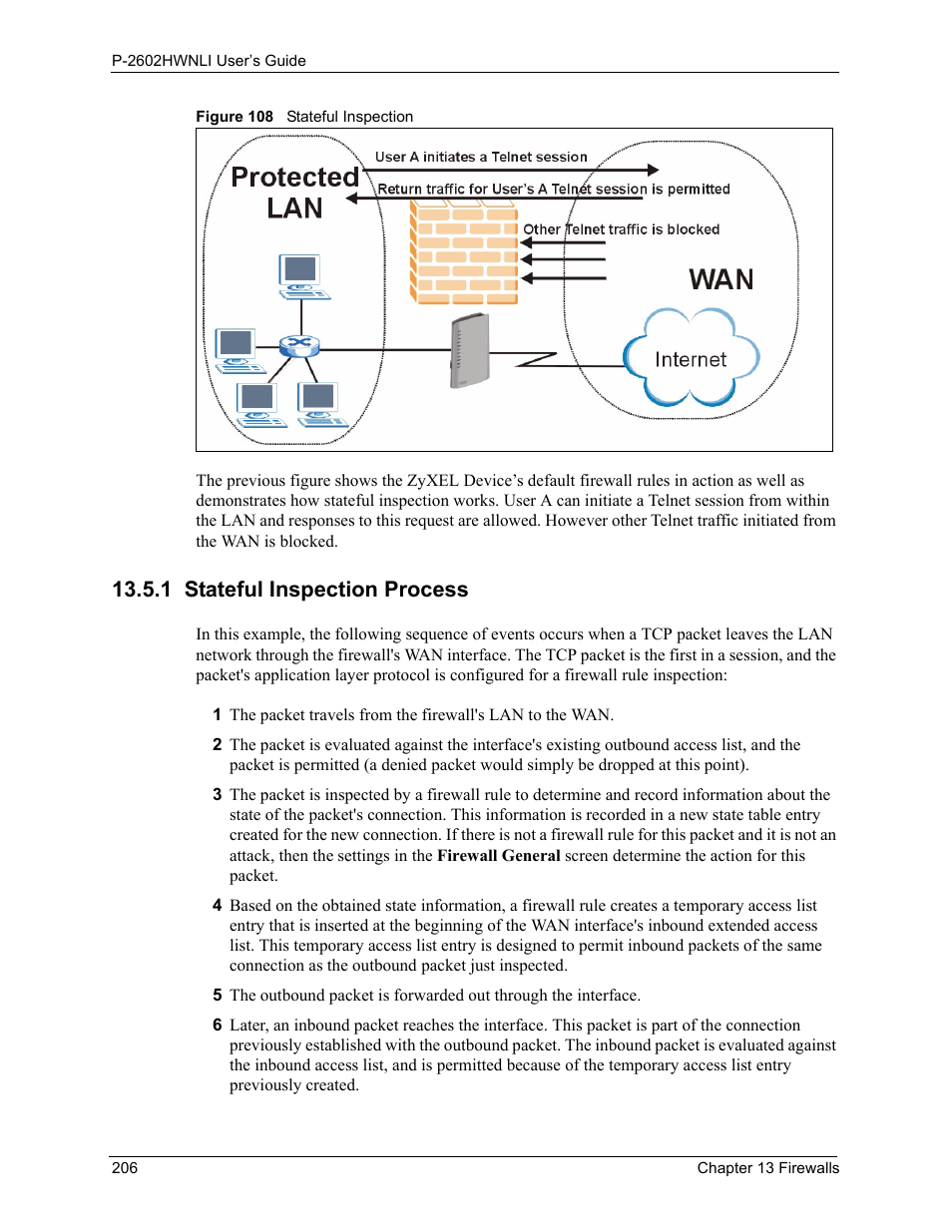 1 stateful inspection process, Figure 108 stateful inspection | ZyXEL Communications 802.11g Wireless ADSL2+ 4-port VoIP IAD P-2602HWNLI User Manual | Page 206 / 442