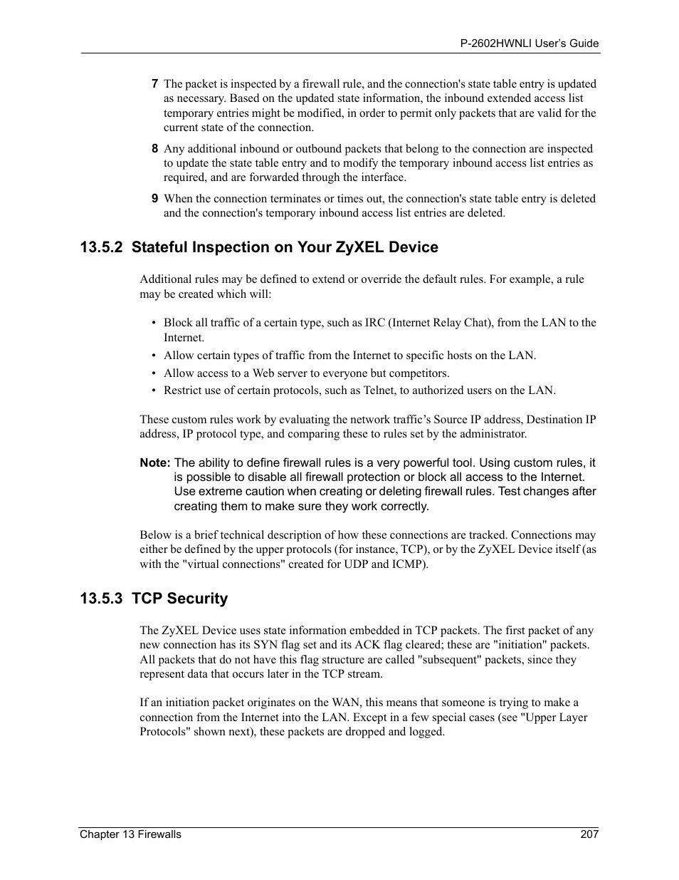 2 stateful inspection on your zyxel device, 3 tcp security | ZyXEL Communications 802.11g Wireless ADSL2+ 4-port VoIP IAD P-2602HWNLI User Manual | Page 207 / 442