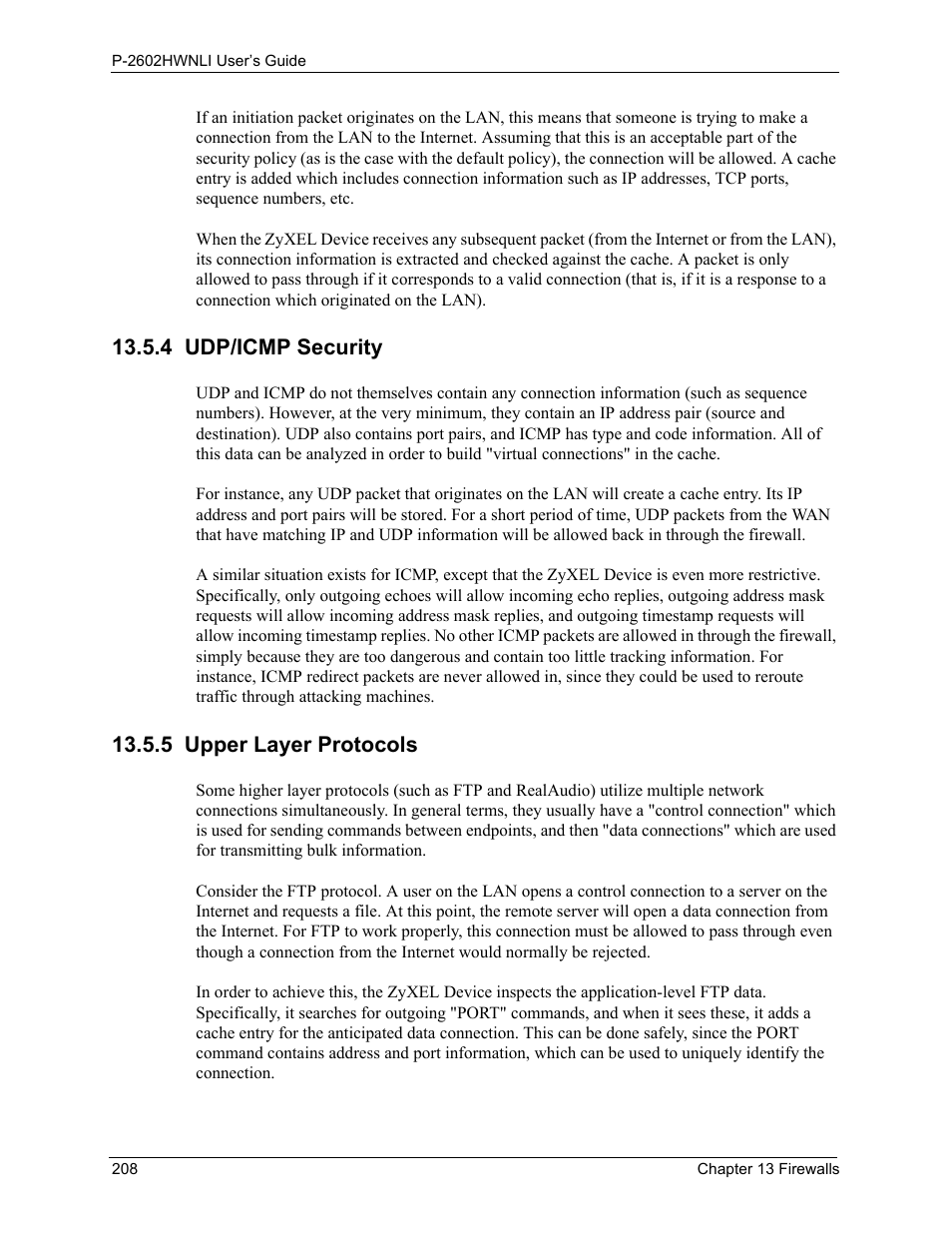 4 udp/icmp security, 5 upper layer protocols, 4 udp/icmp security 13.5.5 upper layer protocols | ZyXEL Communications 802.11g Wireless ADSL2+ 4-port VoIP IAD P-2602HWNLI User Manual | Page 208 / 442