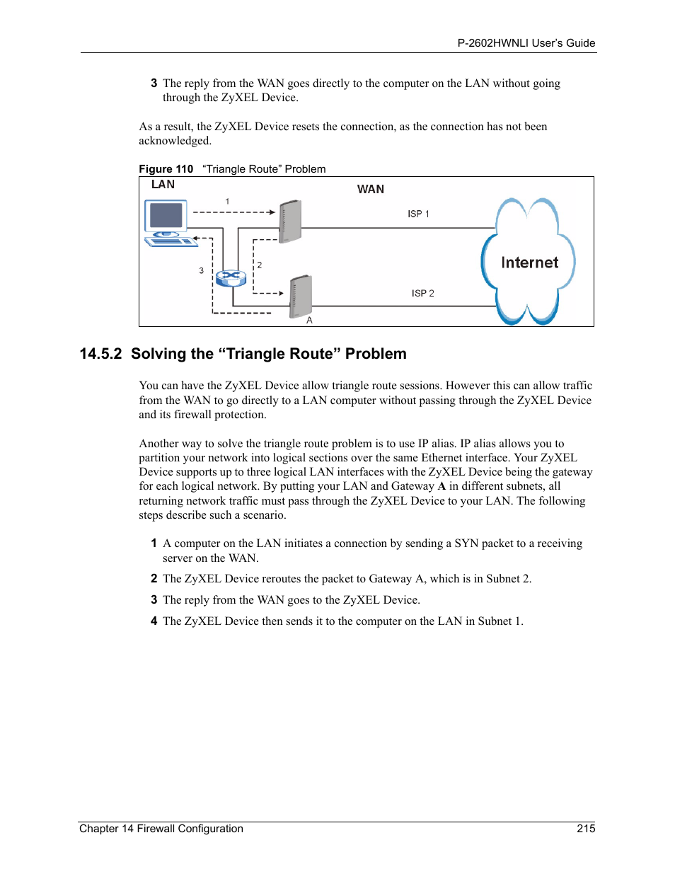 2 solving the “triangle route” problem, Figure 110 “triangle route” problem | ZyXEL Communications 802.11g Wireless ADSL2+ 4-port VoIP IAD P-2602HWNLI User Manual | Page 215 / 442