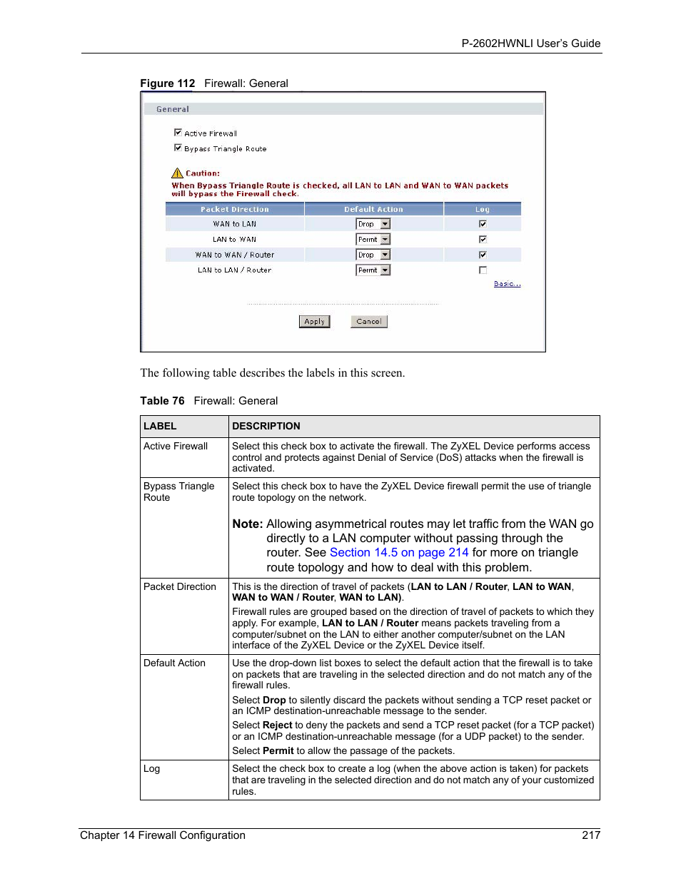 Figure 112 firewall: general, Table 76 firewall: general | ZyXEL Communications 802.11g Wireless ADSL2+ 4-port VoIP IAD P-2602HWNLI User Manual | Page 217 / 442