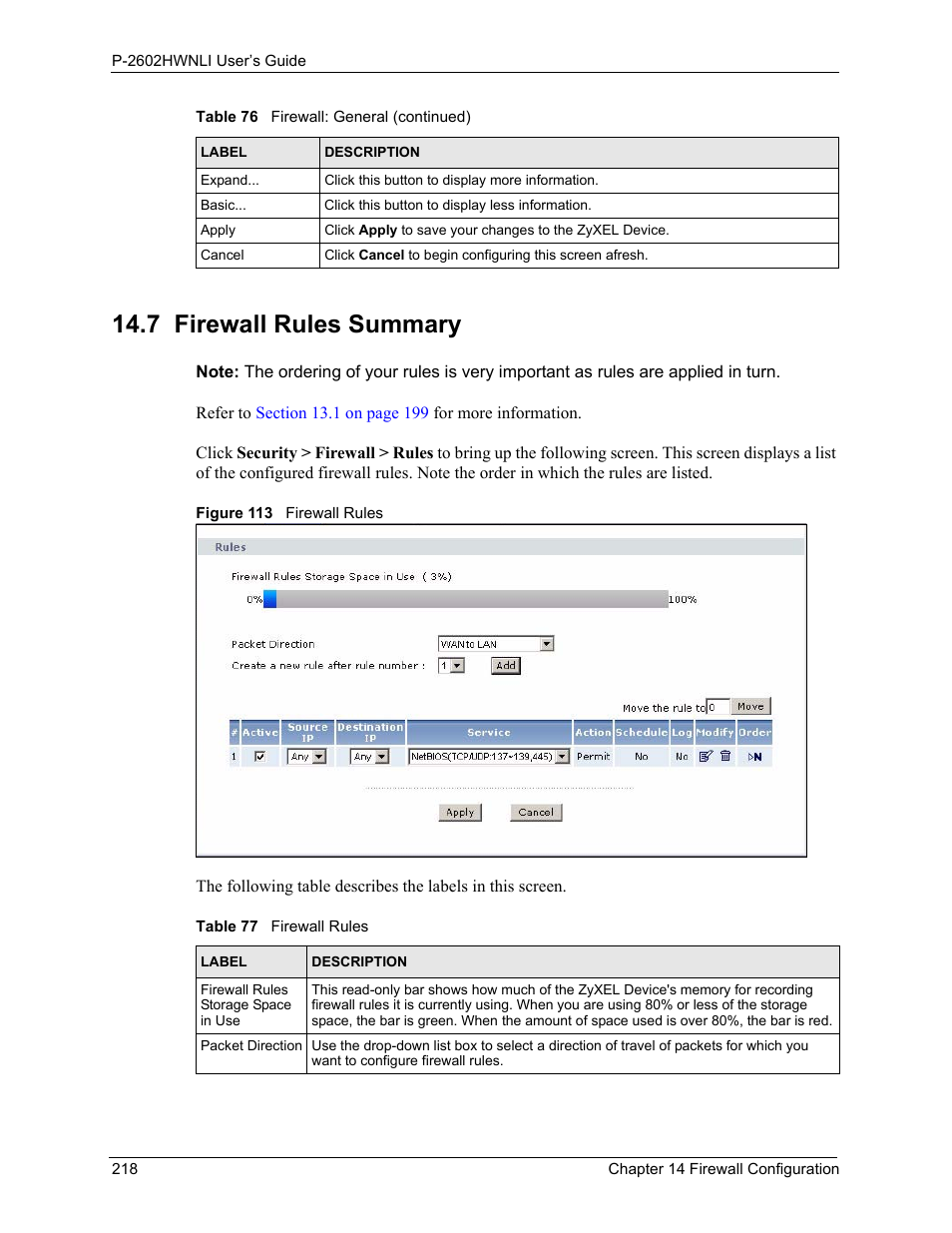 7 firewall rules summary, Figure 113 firewall rules, Table 77 firewall rules | Refer to, To view firewall rules | ZyXEL Communications 802.11g Wireless ADSL2+ 4-port VoIP IAD P-2602HWNLI User Manual | Page 218 / 442