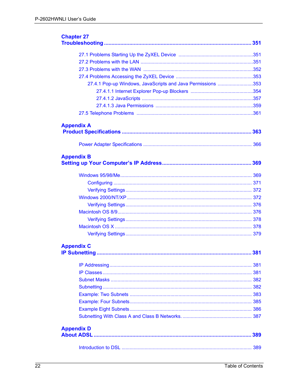 ZyXEL Communications 802.11g Wireless ADSL2+ 4-port VoIP IAD P-2602HWNLI User Manual | Page 22 / 442