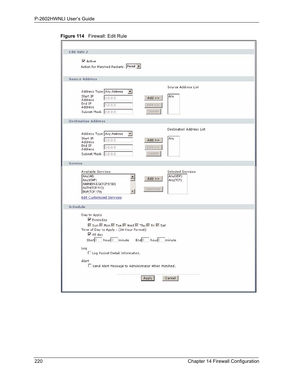 Figure 114 firewall: edit rule, Figure 114 | ZyXEL Communications 802.11g Wireless ADSL2+ 4-port VoIP IAD P-2602HWNLI User Manual | Page 220 / 442