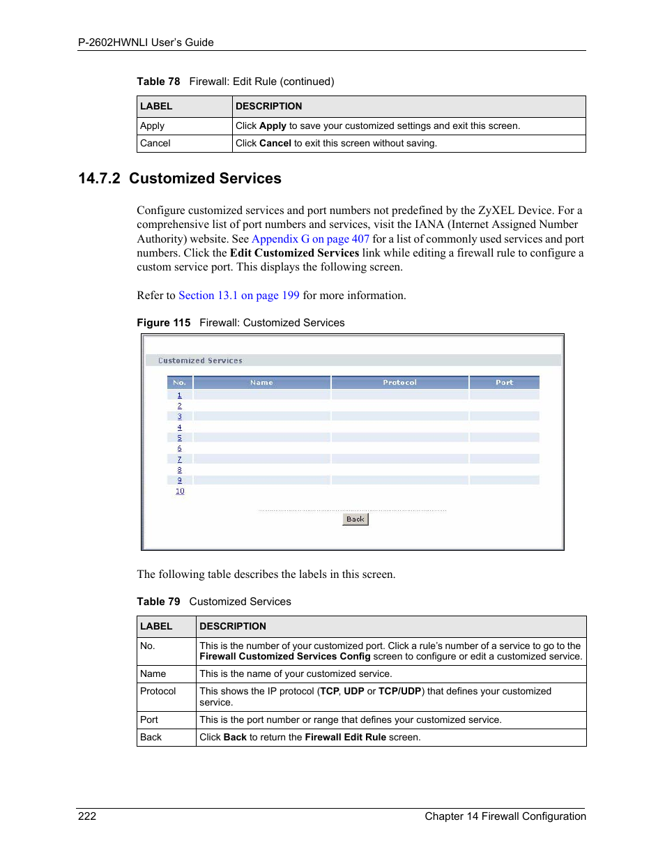 2 customized services, Figure 115 firewall: customized services, Table 79 customized services | Refer to | ZyXEL Communications 802.11g Wireless ADSL2+ 4-port VoIP IAD P-2602HWNLI User Manual | Page 222 / 442