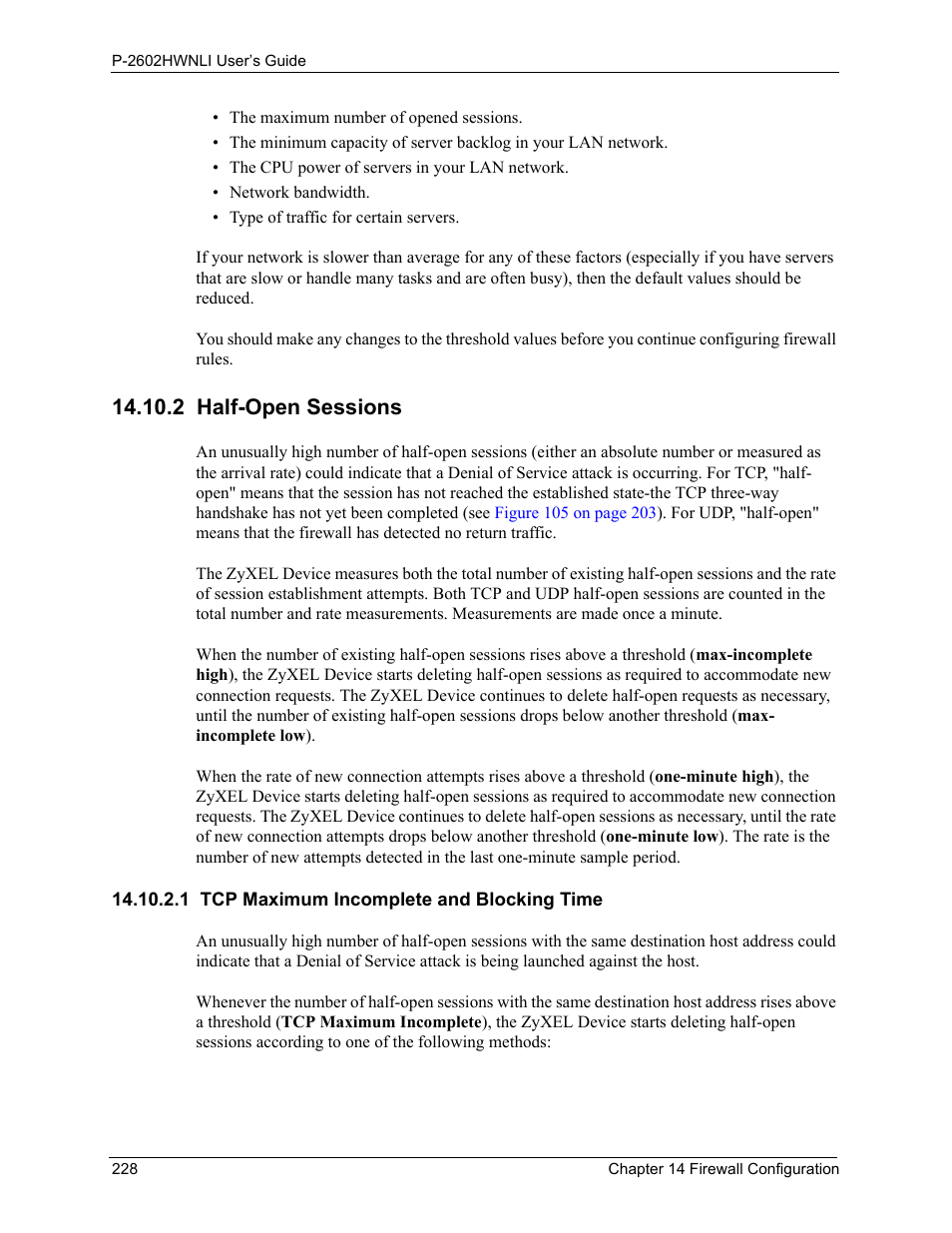 2 half-open sessions, 1 tcp maximum incomplete and blocking time | ZyXEL Communications 802.11g Wireless ADSL2+ 4-port VoIP IAD P-2602HWNLI User Manual | Page 228 / 442