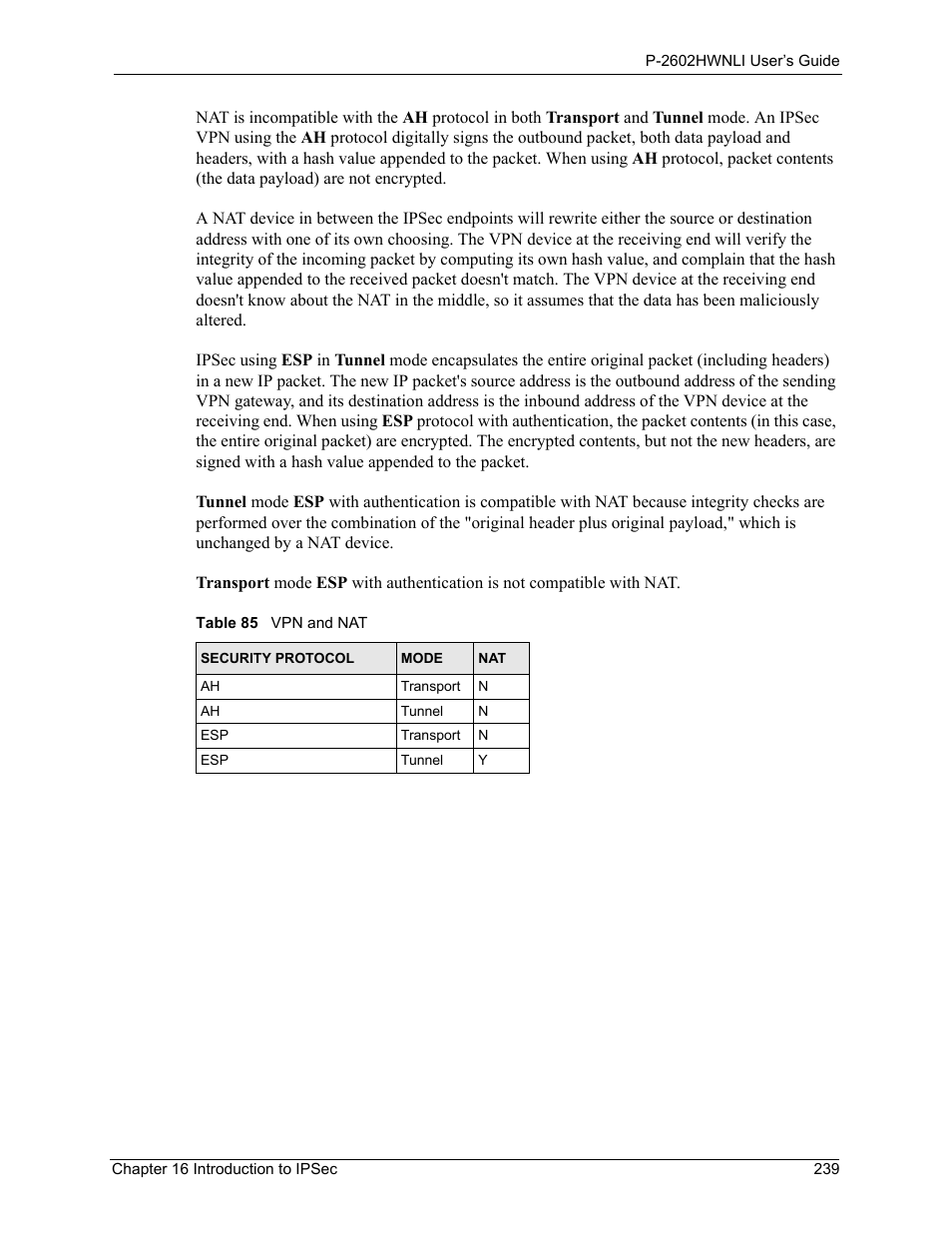 Table 85 vpn and nat | ZyXEL Communications 802.11g Wireless ADSL2+ 4-port VoIP IAD P-2602HWNLI User Manual | Page 239 / 442