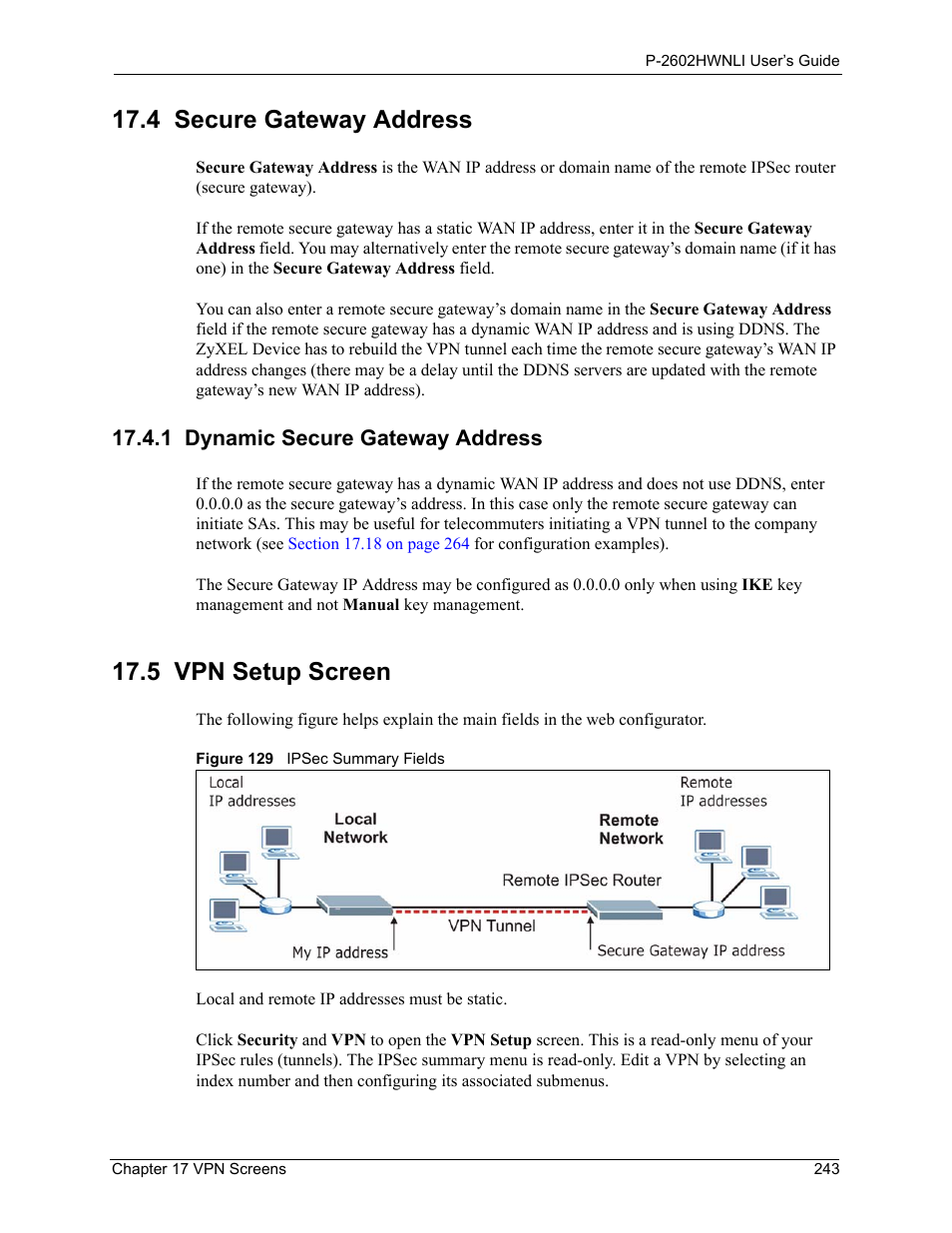 4 secure gateway address, 1 dynamic secure gateway address, 5 vpn setup screen | Figure 129 ipsec summary fields | ZyXEL Communications 802.11g Wireless ADSL2+ 4-port VoIP IAD P-2602HWNLI User Manual | Page 243 / 442