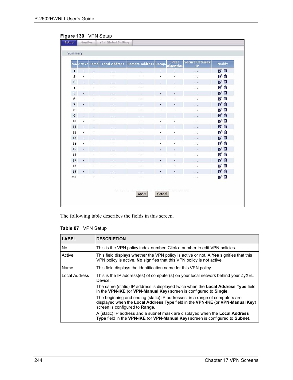 Figure 130 vpn setup, Table 87 vpn setup | ZyXEL Communications 802.11g Wireless ADSL2+ 4-port VoIP IAD P-2602HWNLI User Manual | Page 244 / 442