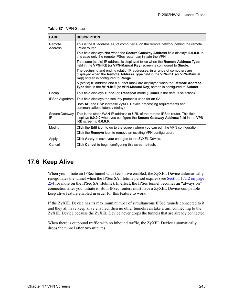 6 keep alive | ZyXEL Communications 802.11g Wireless ADSL2+ 4-port VoIP IAD P-2602HWNLI User Manual | Page 245 / 442