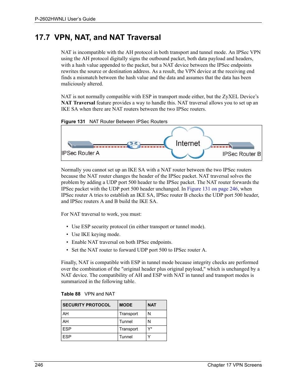 7 vpn, nat, and nat traversal, Figure 131 nat router between ipsec routers, Table 88 vpn and nat | ZyXEL Communications 802.11g Wireless ADSL2+ 4-port VoIP IAD P-2602HWNLI User Manual | Page 246 / 442