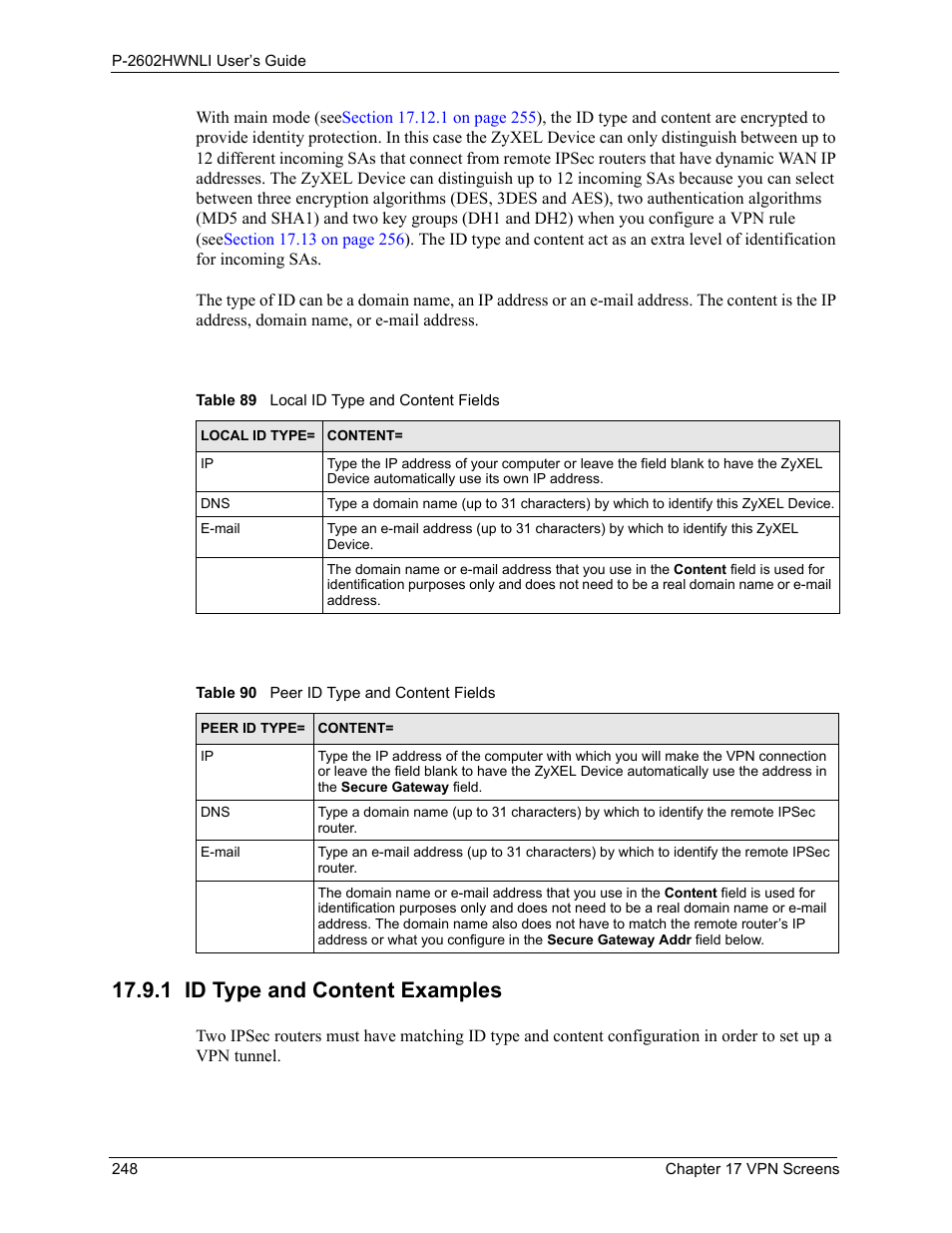 1 id type and content examples | ZyXEL Communications 802.11g Wireless ADSL2+ 4-port VoIP IAD P-2602HWNLI User Manual | Page 248 / 442