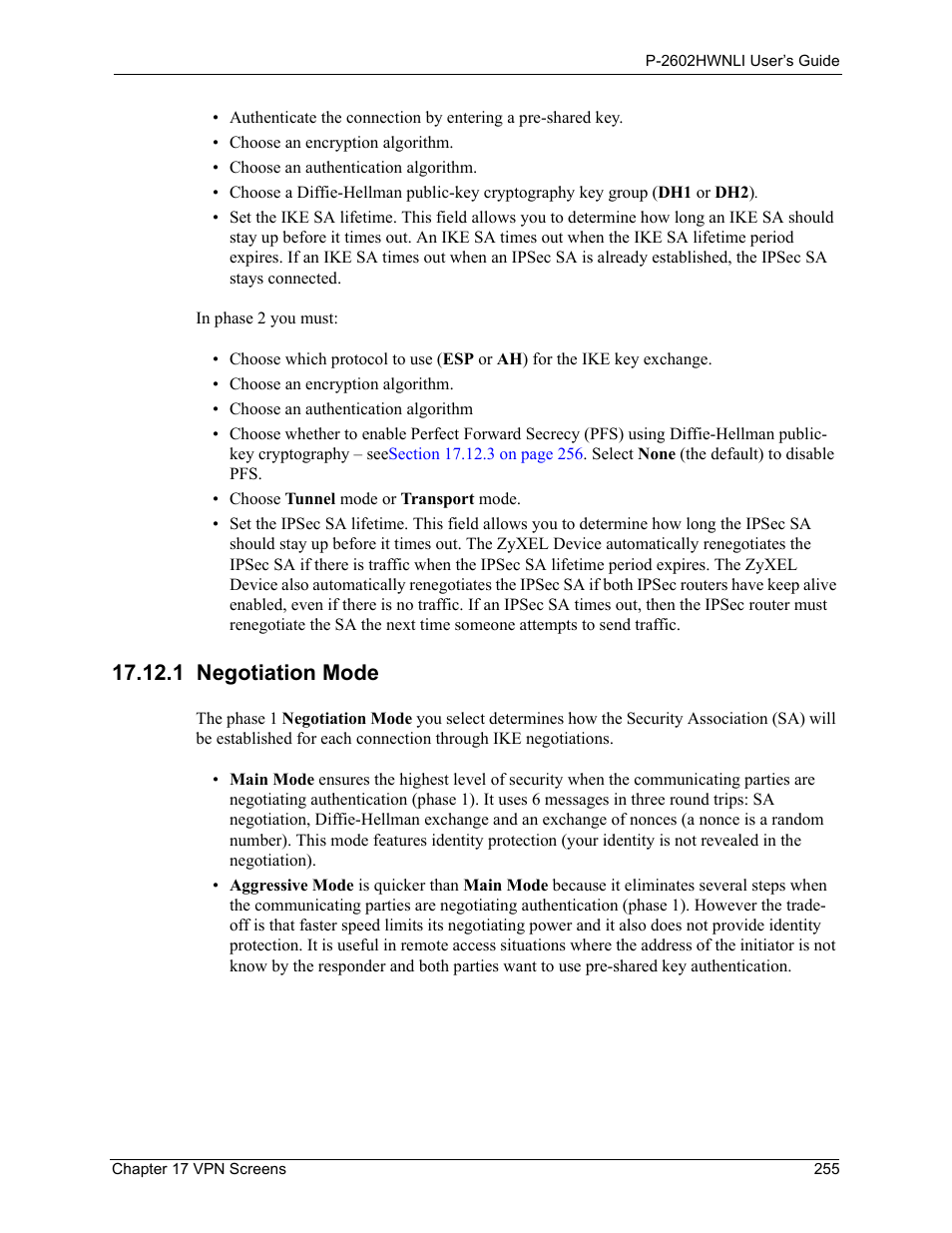 1 negotiation mode, Ith aggressive negotiation mode (see | ZyXEL Communications 802.11g Wireless ADSL2+ 4-port VoIP IAD P-2602HWNLI User Manual | Page 255 / 442