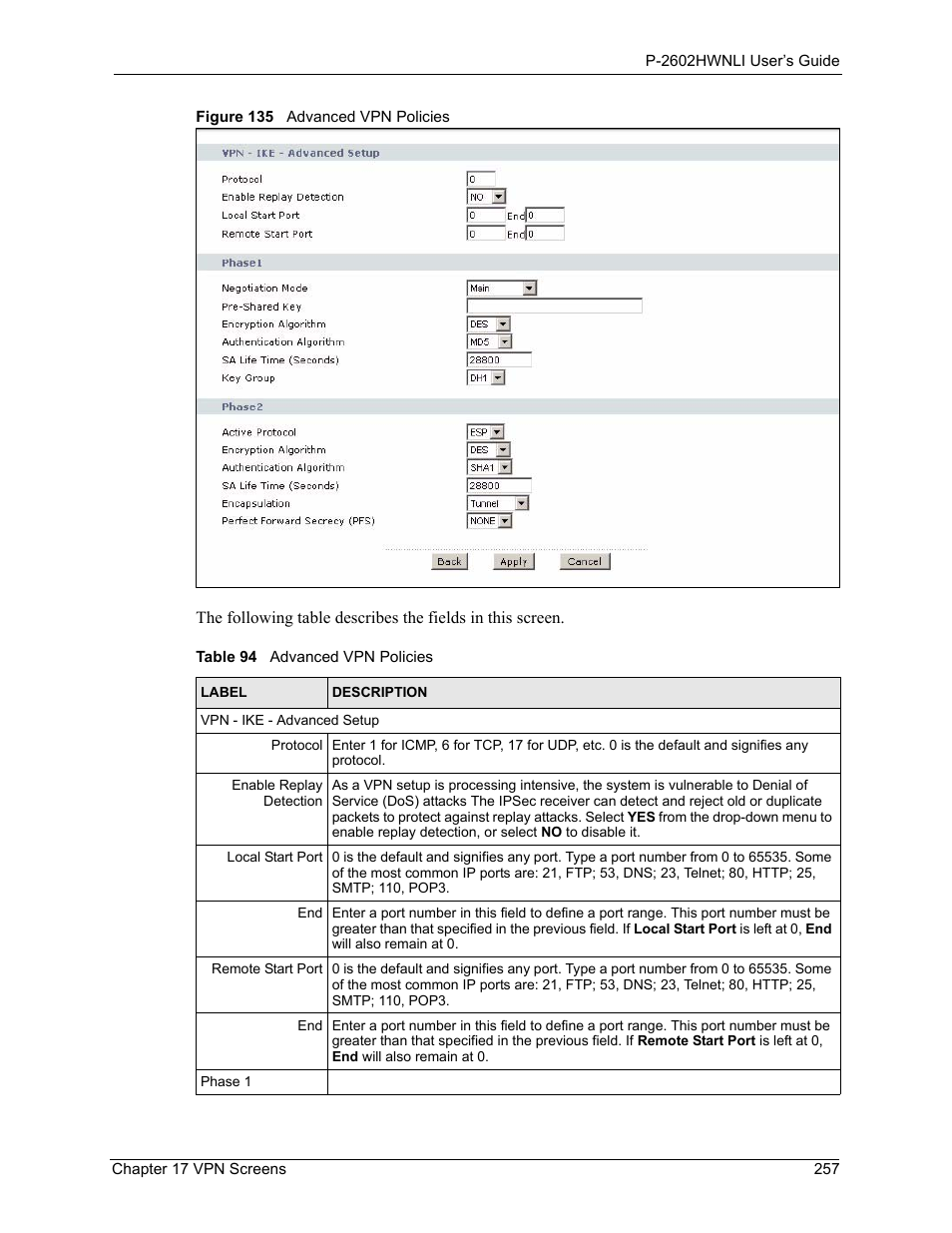 Figure 135 advanced vpn policies, Table 94 advanced vpn policies | ZyXEL Communications 802.11g Wireless ADSL2+ 4-port VoIP IAD P-2602HWNLI User Manual | Page 257 / 442