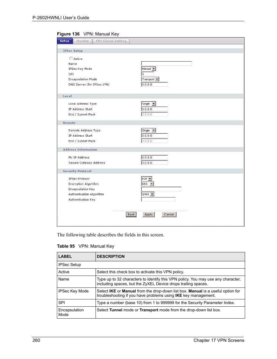 Figure 136 vpn: manual key, Table 95 vpn: manual key | ZyXEL Communications 802.11g Wireless ADSL2+ 4-port VoIP IAD P-2602HWNLI User Manual | Page 260 / 442