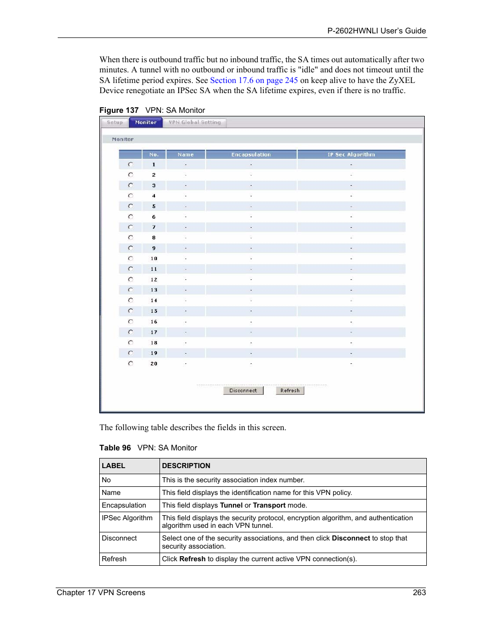 Figure 137 vpn: sa monitor, Table 96 vpn: sa monitor | ZyXEL Communications 802.11g Wireless ADSL2+ 4-port VoIP IAD P-2602HWNLI User Manual | Page 263 / 442