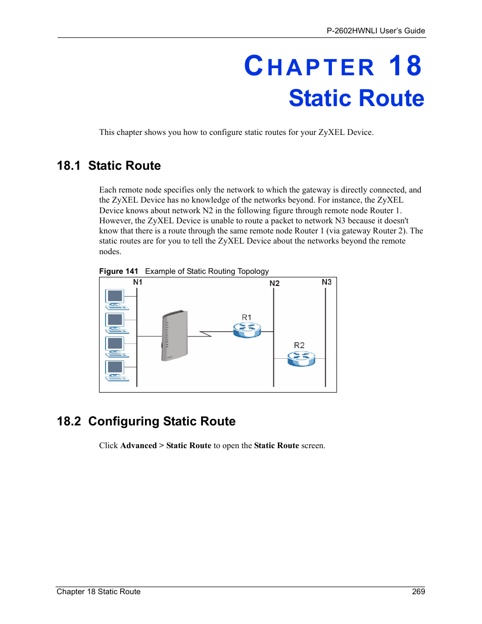Static route, 1 static route, Chapter 18 static route | 1 static route 18.2 configuring static route, Figure 141 example of static routing topology | ZyXEL Communications 802.11g Wireless ADSL2+ 4-port VoIP IAD P-2602HWNLI User Manual | Page 269 / 442