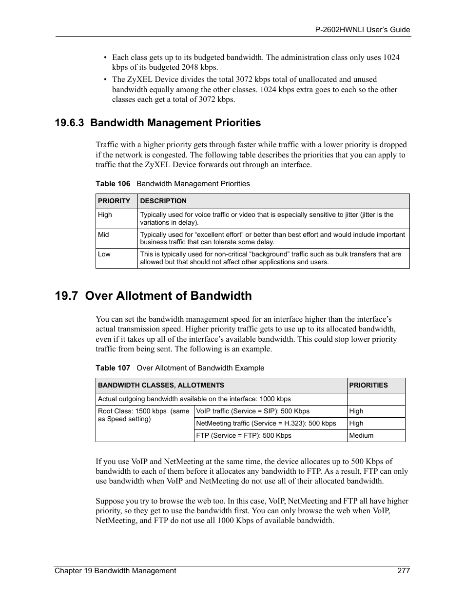 3 bandwidth management priorities, 7 over allotment of bandwidth | ZyXEL Communications 802.11g Wireless ADSL2+ 4-port VoIP IAD P-2602HWNLI User Manual | Page 277 / 442