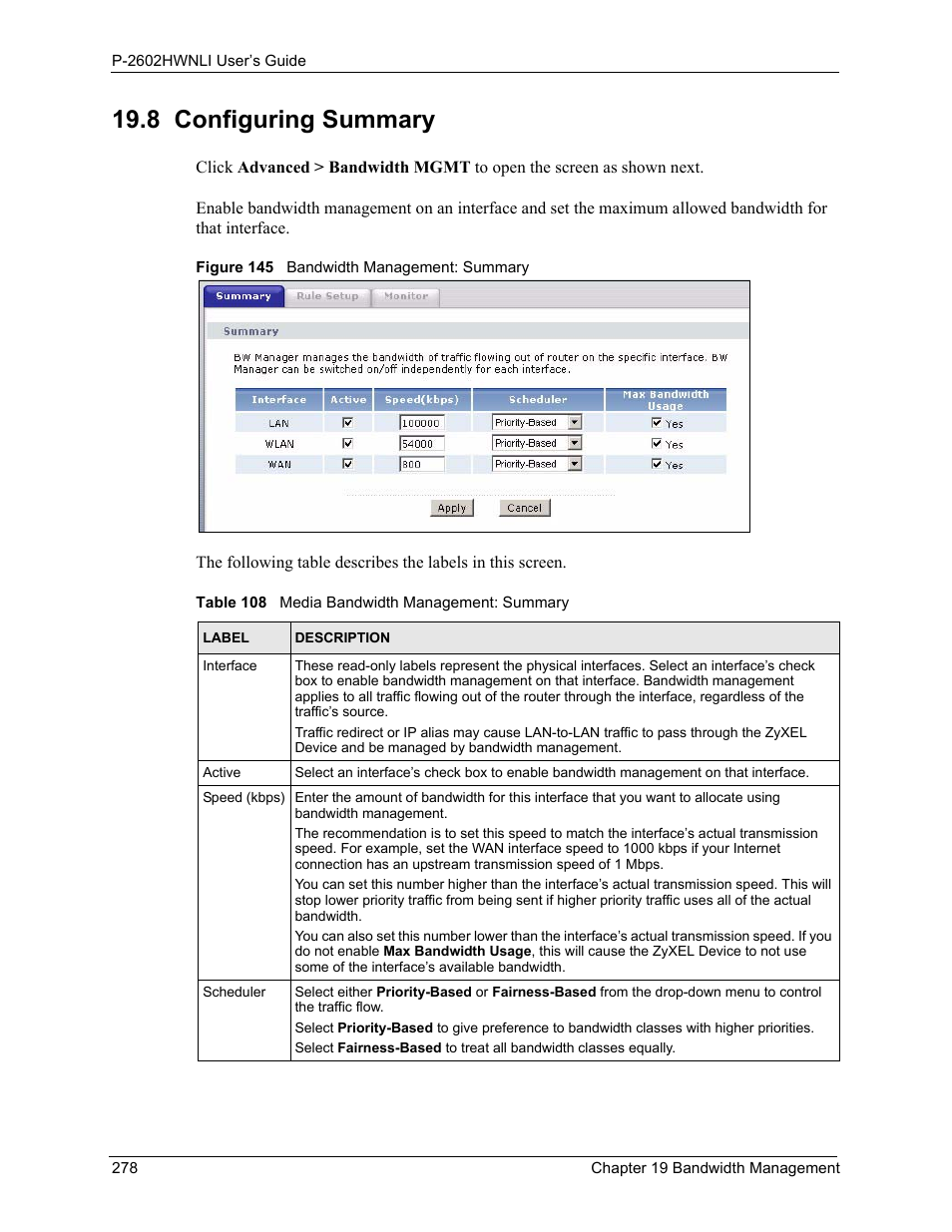 8 configuring summary, Figure 145 bandwidth management: summary, Table 108 media bandwidth management: summary | ZyXEL Communications 802.11g Wireless ADSL2+ 4-port VoIP IAD P-2602HWNLI User Manual | Page 278 / 442