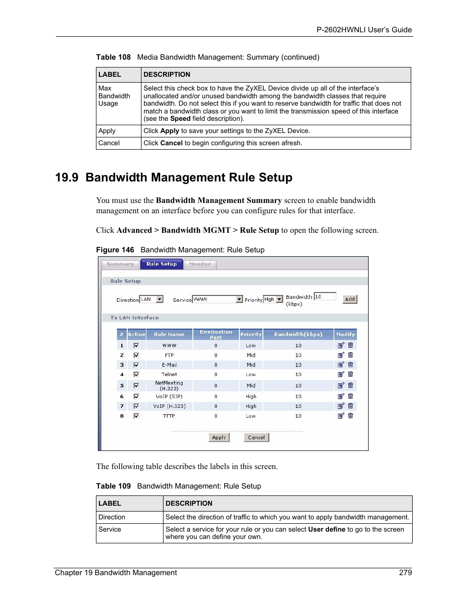 9 bandwidth management rule setup, Figure 146 bandwidth management: rule setup, Table 109 bandwidth management: rule setup | ZyXEL Communications 802.11g Wireless ADSL2+ 4-port VoIP IAD P-2602HWNLI User Manual | Page 279 / 442