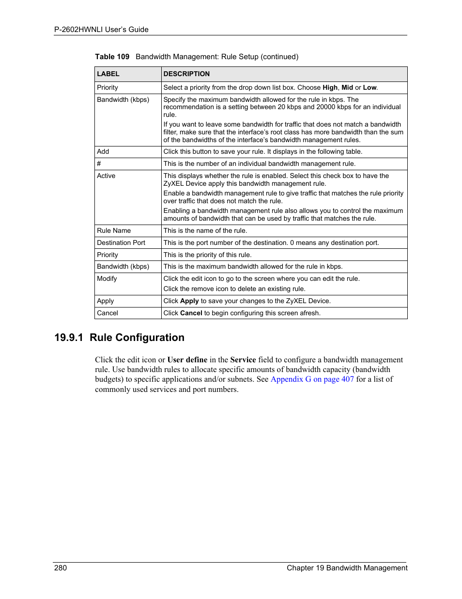 1 rule configuration | ZyXEL Communications 802.11g Wireless ADSL2+ 4-port VoIP IAD P-2602HWNLI User Manual | Page 280 / 442