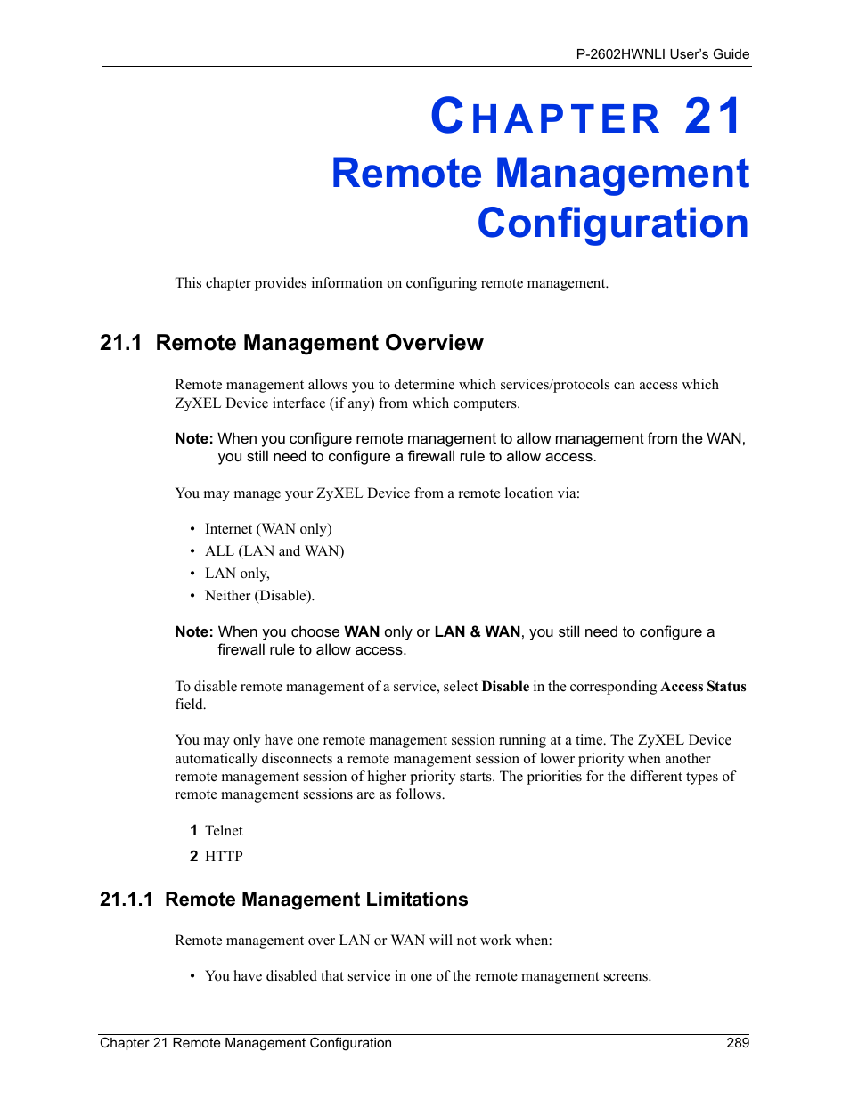 Remote management configuration, 1 remote management limitations, Chapter 21 remote management configuration | 1 remote management overview | ZyXEL Communications 802.11g Wireless ADSL2+ 4-port VoIP IAD P-2602HWNLI User Manual | Page 289 / 442