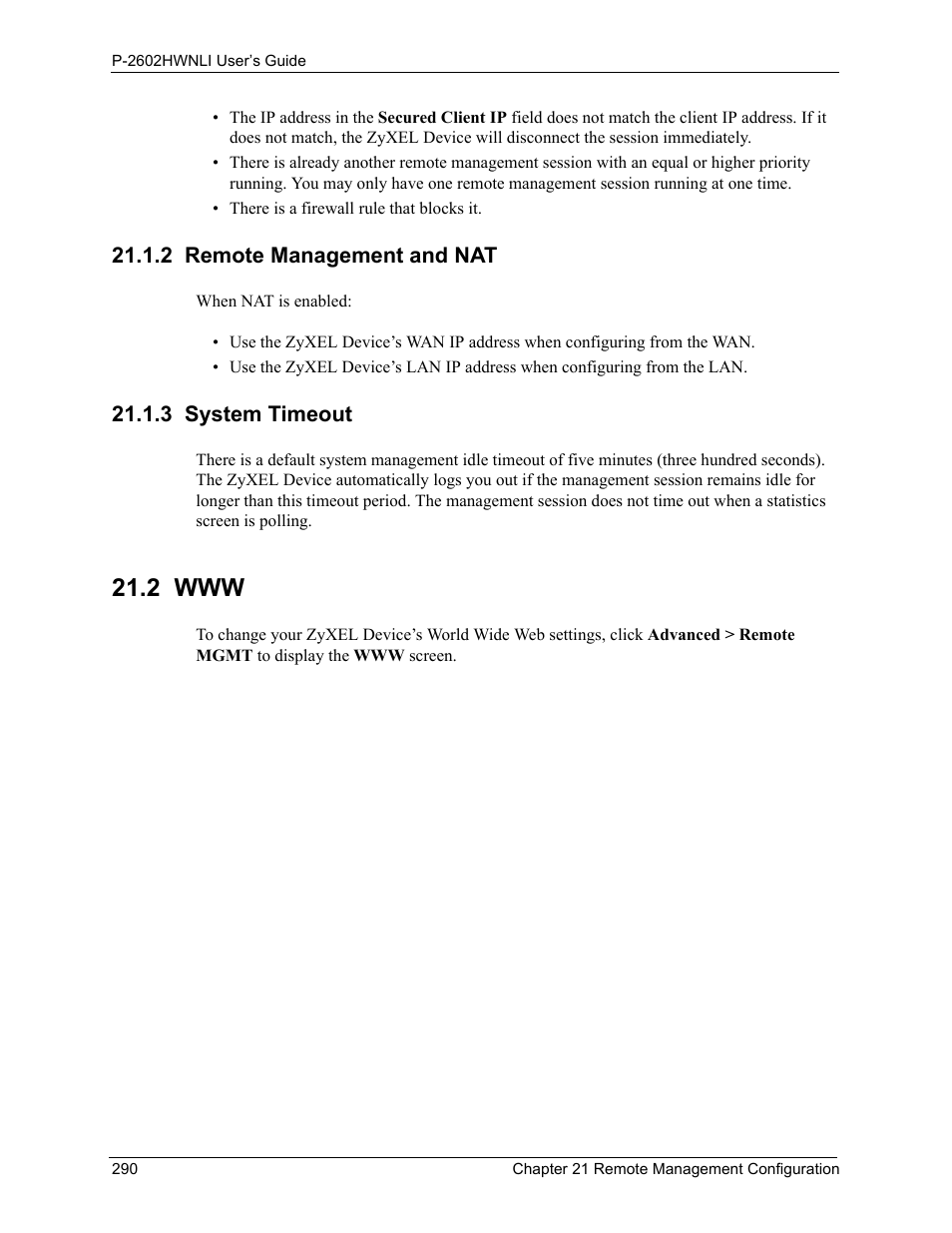 2 remote management and nat, 3 system timeout, 2 remote management and nat 21.1.3 system timeout | 2 www | ZyXEL Communications 802.11g Wireless ADSL2+ 4-port VoIP IAD P-2602HWNLI User Manual | Page 290 / 442