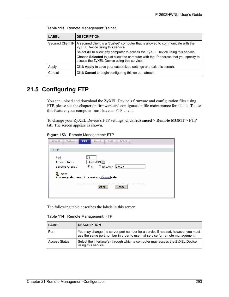 5 configuring ftp, Figure 153 remote management: ftp, Table 114 remote management: ftp | ZyXEL Communications 802.11g Wireless ADSL2+ 4-port VoIP IAD P-2602HWNLI User Manual | Page 293 / 442