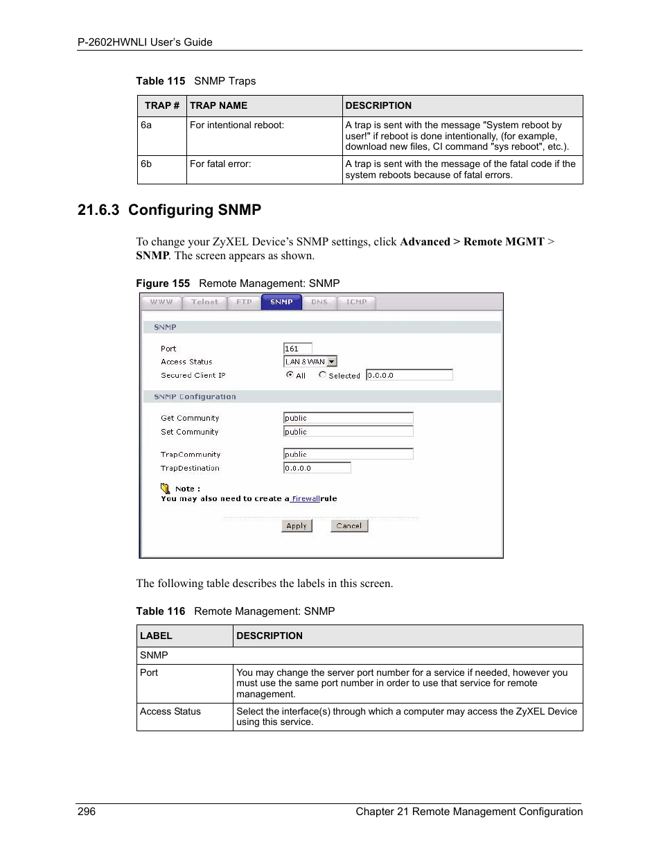3 configuring snmp, Figure 155 remote management: snmp, Table 116 remote management: snmp | ZyXEL Communications 802.11g Wireless ADSL2+ 4-port VoIP IAD P-2602HWNLI User Manual | Page 296 / 442