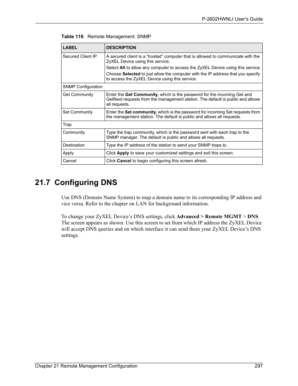 7 configuring dns | ZyXEL Communications 802.11g Wireless ADSL2+ 4-port VoIP IAD P-2602HWNLI User Manual | Page 297 / 442