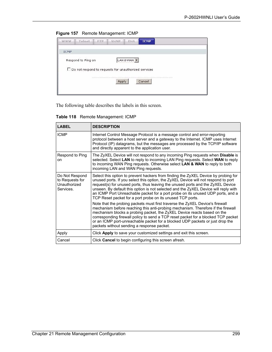 Figure 157 remote management: icmp, Table 118 remote management: icmp | ZyXEL Communications 802.11g Wireless ADSL2+ 4-port VoIP IAD P-2602HWNLI User Manual | Page 299 / 442