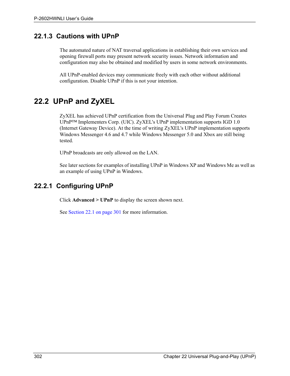 3 cautions with upnp, 2 upnp and zyxel, 1 configuring upnp | ZyXEL Communications 802.11g Wireless ADSL2+ 4-port VoIP IAD P-2602HWNLI User Manual | Page 302 / 442