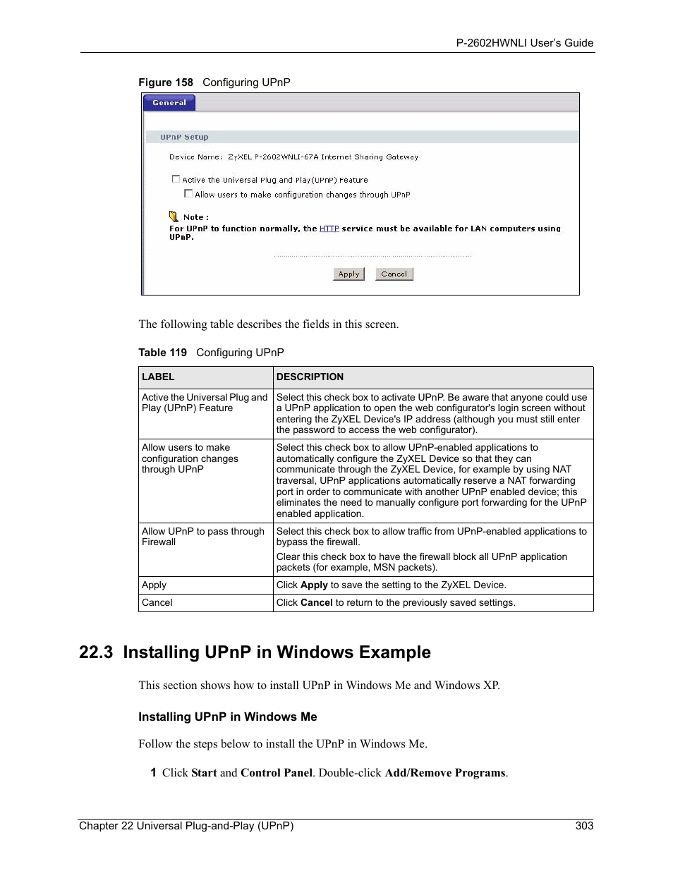 3 installing upnp in windows example, Figure 158 configuring upnp, Table 119 configuring upnp | ZyXEL Communications 802.11g Wireless ADSL2+ 4-port VoIP IAD P-2602HWNLI User Manual | Page 303 / 442