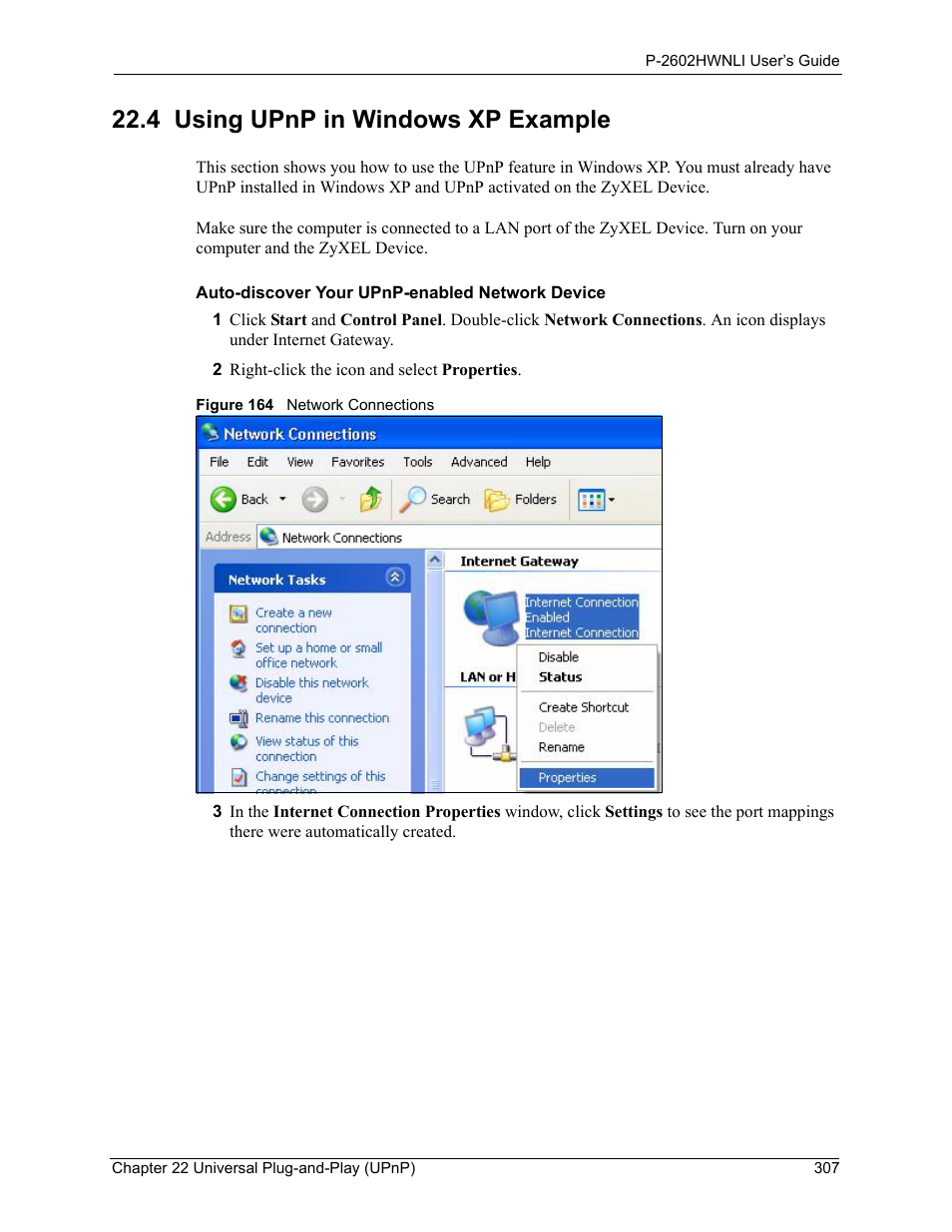 4 using upnp in windows xp example, Figure 164 network connections | ZyXEL Communications 802.11g Wireless ADSL2+ 4-port VoIP IAD P-2602HWNLI User Manual | Page 307 / 442