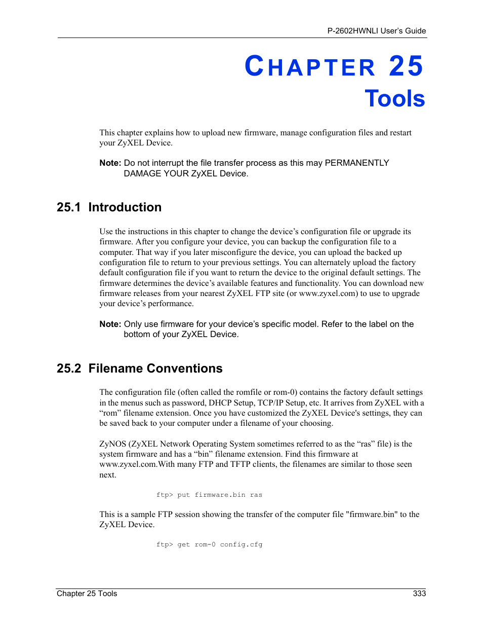 Tools, 1 introduction, 2 filename conventions | Chapter 25 tools, 1 introduction 25.2 filename conventions | ZyXEL Communications 802.11g Wireless ADSL2+ 4-port VoIP IAD P-2602HWNLI User Manual | Page 333 / 442