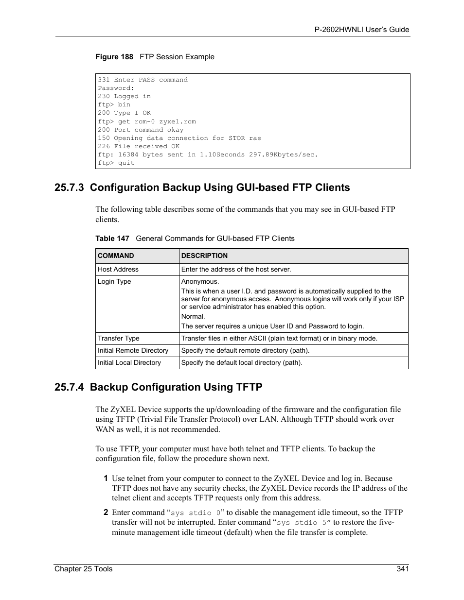 3 configuration backup using gui-based ftp clients, 4 backup configuration using tftp, Figure 188 ftp session example | ZyXEL Communications 802.11g Wireless ADSL2+ 4-port VoIP IAD P-2602HWNLI User Manual | Page 341 / 442