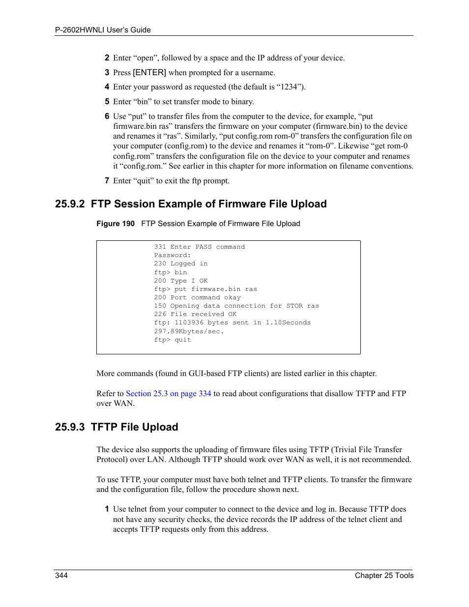 2 ftp session example of firmware file upload, 3 tftp file upload | ZyXEL Communications 802.11g Wireless ADSL2+ 4-port VoIP IAD P-2602HWNLI User Manual | Page 344 / 442