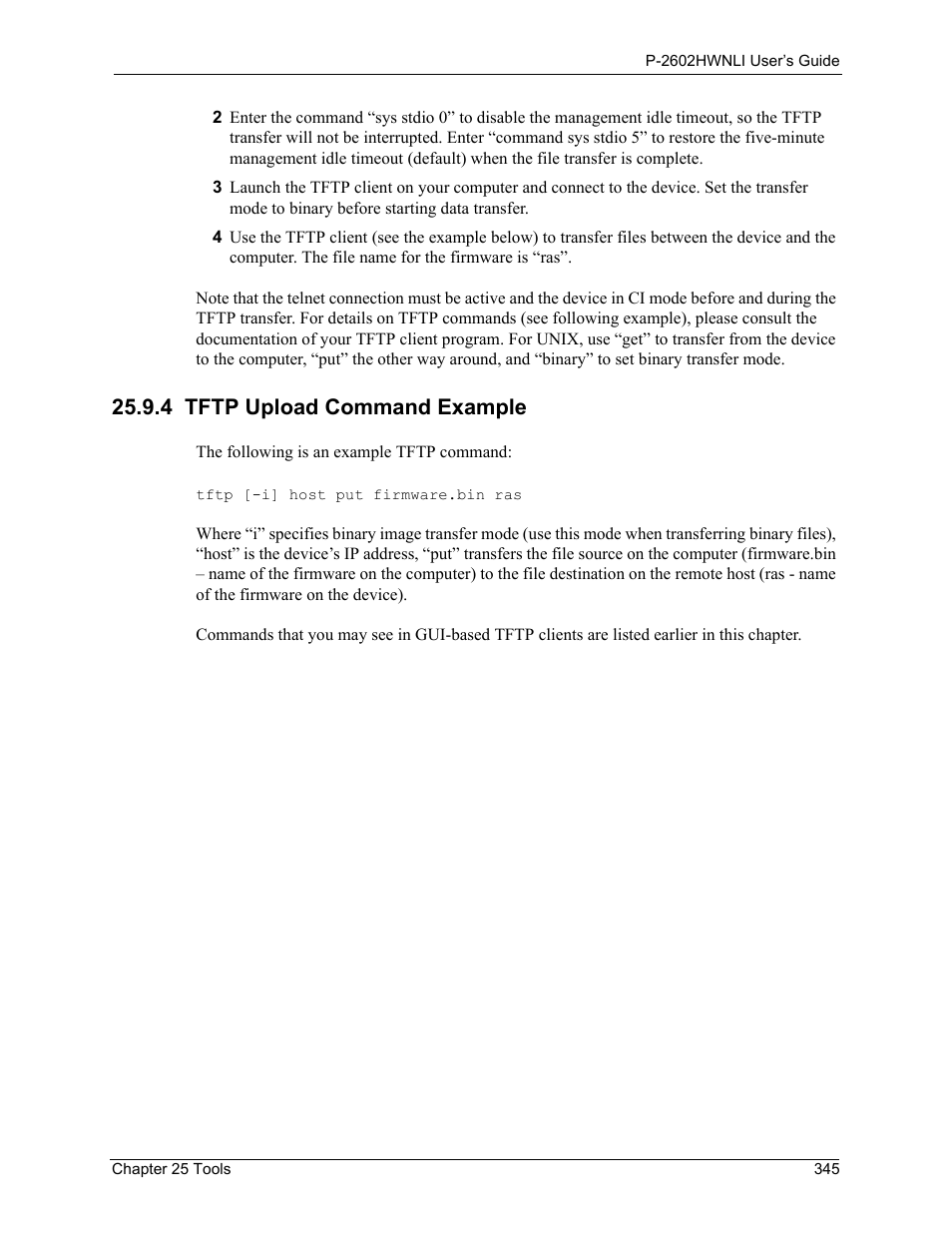4 tftp upload command example | ZyXEL Communications 802.11g Wireless ADSL2+ 4-port VoIP IAD P-2602HWNLI User Manual | Page 345 / 442