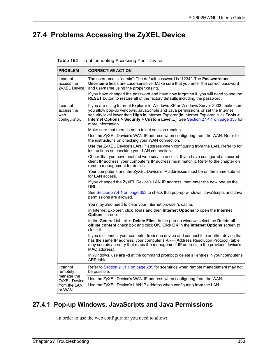 4 problems accessing the zyxel device, 1 pop-up windows, javascripts and java permissions, Table 154 troubleshooting accessing your device | ZyXEL Communications 802.11g Wireless ADSL2+ 4-port VoIP IAD P-2602HWNLI User Manual | Page 353 / 442